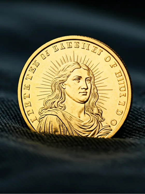 Moneda antigua dorada con grabado detallado sobre terciopelo oscuro.