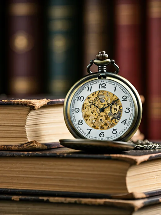 Reloj de bolsillo antiguo sobre libros encuadernados en cuero.